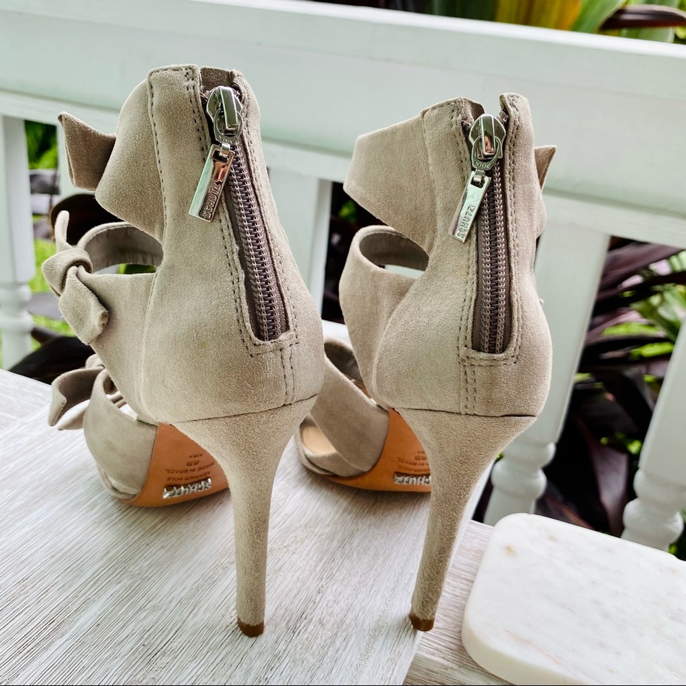 Schutz Miranda Suede Peep Toe Bow Strappy Heels in “Mouse” size 6 - Picture 16 of 16